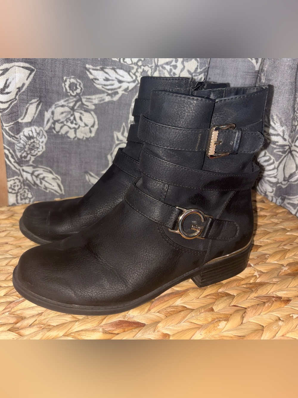 G by Guess Black Leatherette Ankle Boots with Buckle Straps